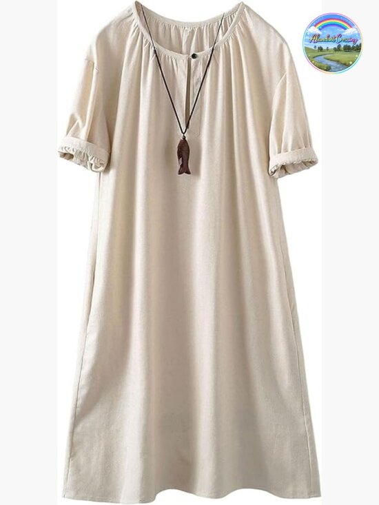 Dresses & Skirts - Cotton Linen Short Sleeve Midi Dress with Pockets